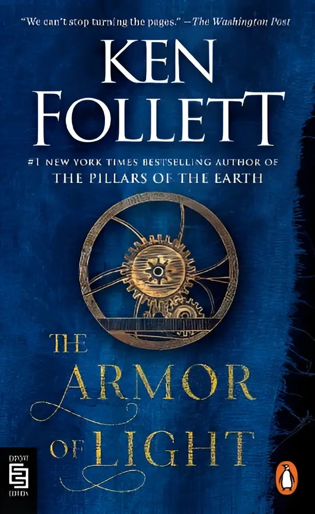 De roman the armor of light heeft een diepblauwe textuur met gouden letters en een sierlijk tandwielenembleem