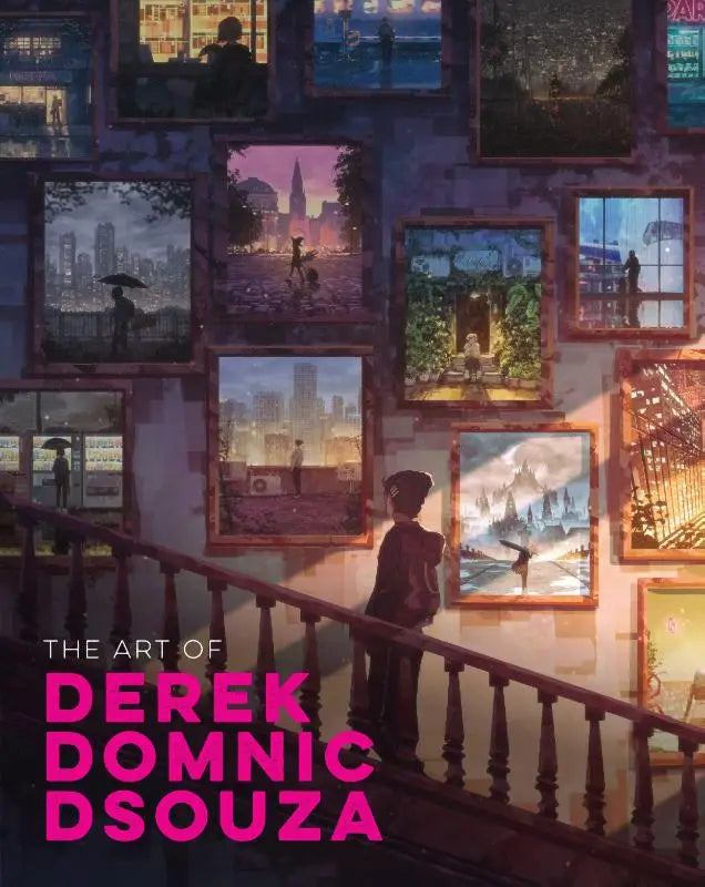 Een gestileerde illustratie van een persoon op een trap die naar framed stadsgezichten en landschappen kijkt in the art of derek domnic dsouza