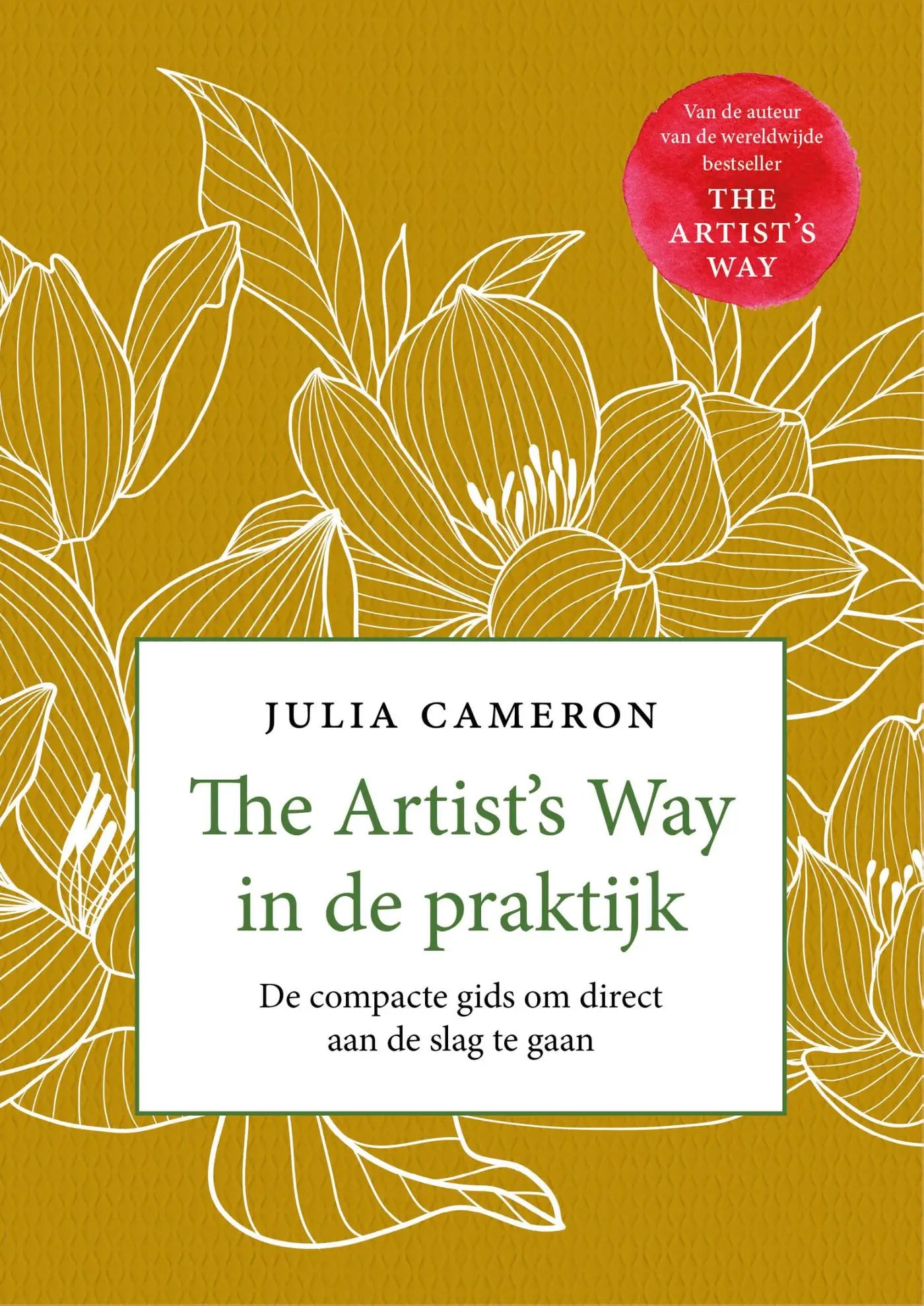 Boek the artists way in de praktijk met mosterdgele omslag en witte florale lijntekeningen compacte gids voor creatieve start