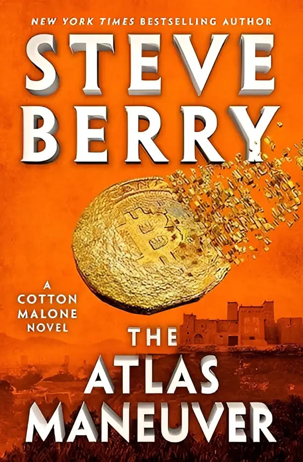 Boekcover van the atlas maneuver cotton malone serie 18 met een grafische gouden bitcoin munt op oranje achtergrond
