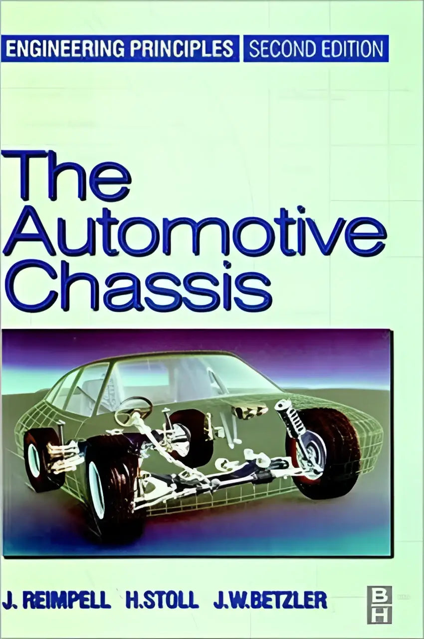 The automotive chassis engineering principles book cover shows a detailed metallic wireframe illustration of an automotive chassis