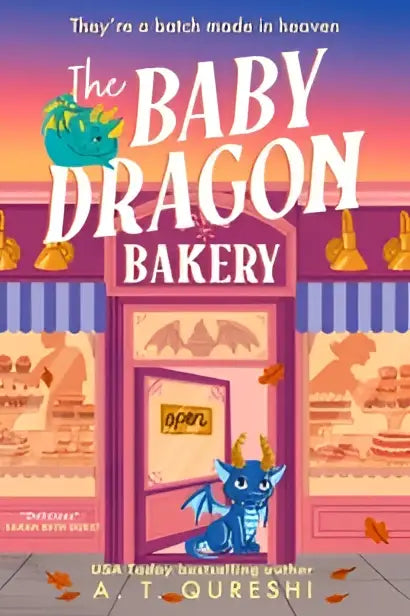 The baby dragon bakery book cover shows a vibrant pink and purple storefront with a blue dragon at the door