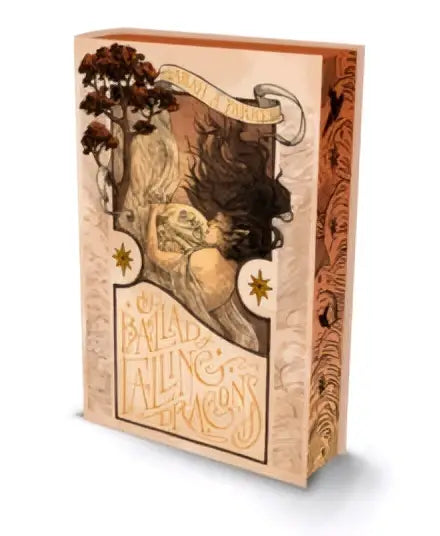 Dit is een beige leren boek The Ballad of Falling Dragons deluxe editie met gouden art nouveau motieven