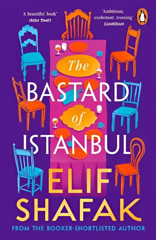 Boekcover van the bastard of istanbul met paarse achtergrond en blauwe en oranje houten stoelen door elif shafak