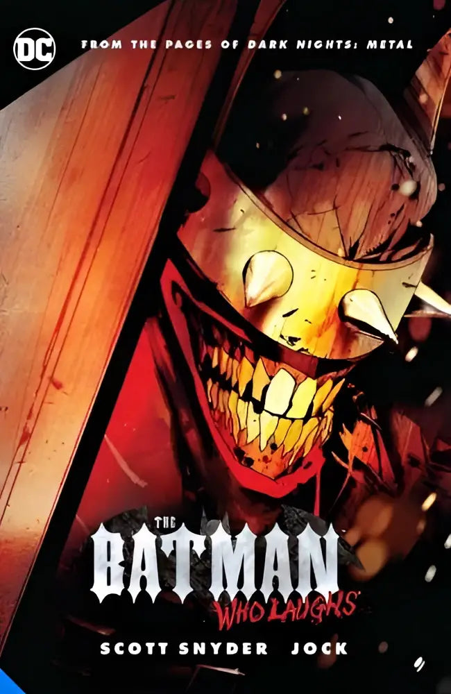 The batman who laughs comic book cover shows a menacing golden helmeted figure with sharp teeth on a fiery red background
