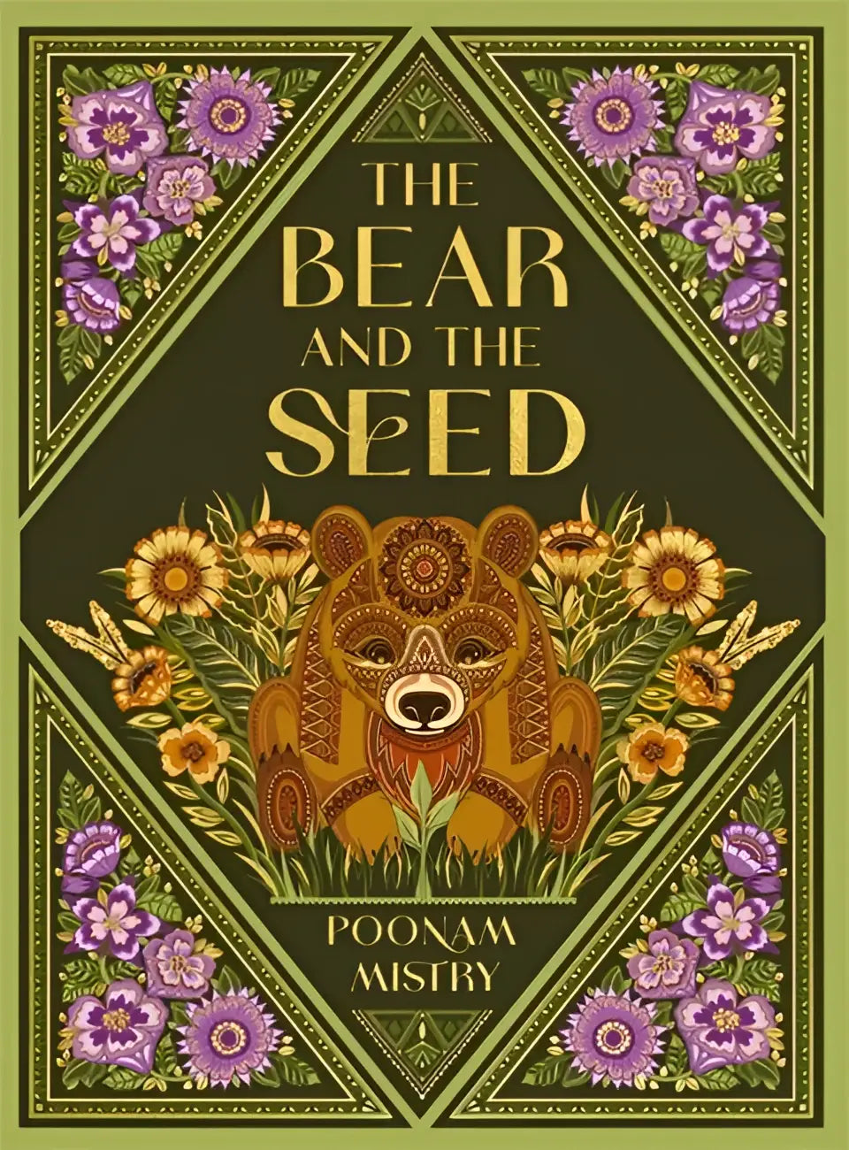 De bear and the seed boek toont een bruin met patroon geïllustreerde beer met gele zonnebloemen en paarse bloemen