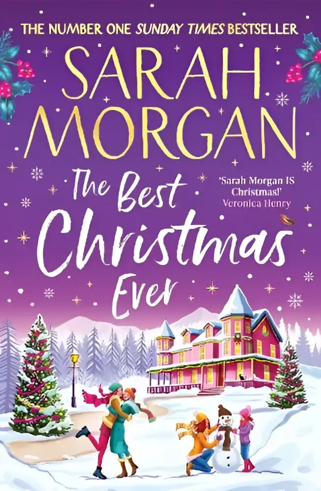 The best christmas ever by sarah morgan is a festive purple book cover with a snowy village scene from harpercollins publishers
