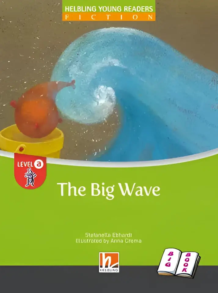 Groot formaat kinderboek De grote golf met illustratie van blauwe golf over gele emmer met oranje bal