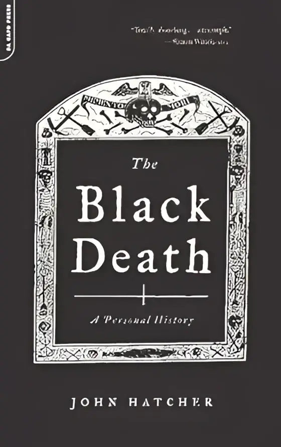Zwarte boekomslag met witte sierlijke rand en titel the black death a personal history van john hatcher