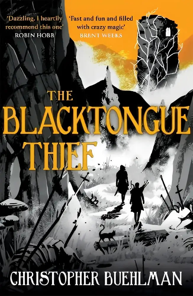 The blacktongue thief boekomslag toont een zwart-wit illustratie met gele tekst en een oranje lucht boven een boslandschap