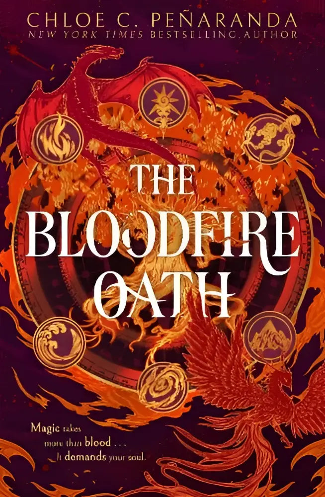 The bloodfire oath book cover features a fiery red and gold dragon coiled around an ornate circular design with golden symbols