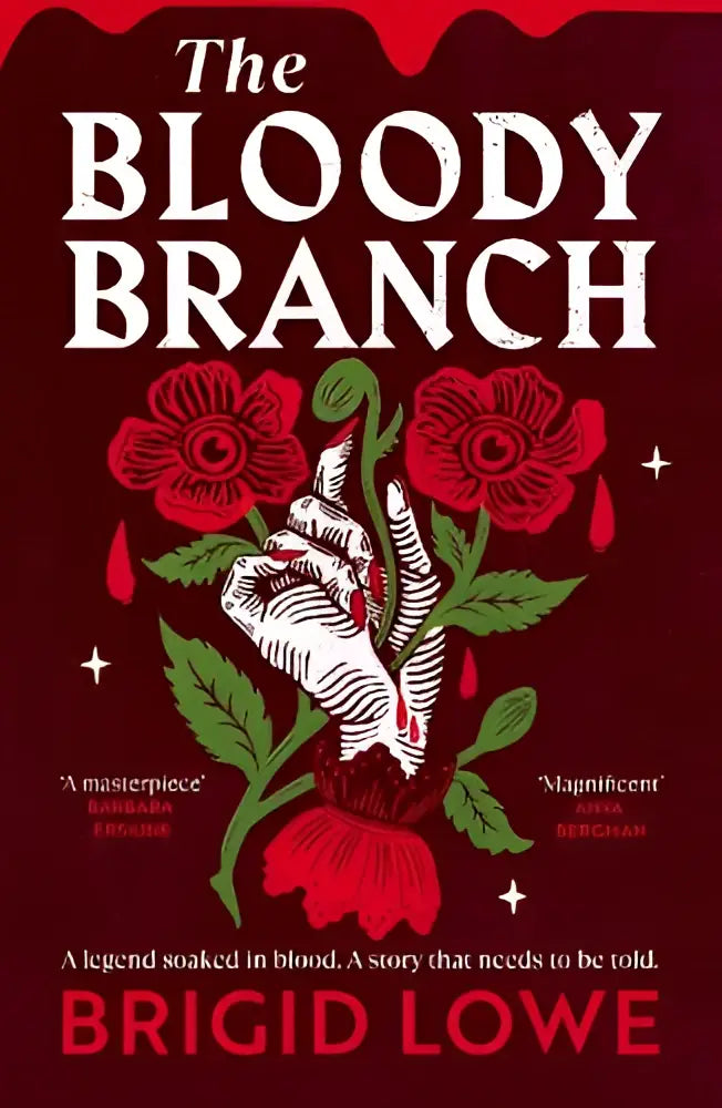 De bloody branch boekomslag toont een witte handschoen die rode bloemen vasthoudt op een dieprode achtergrond