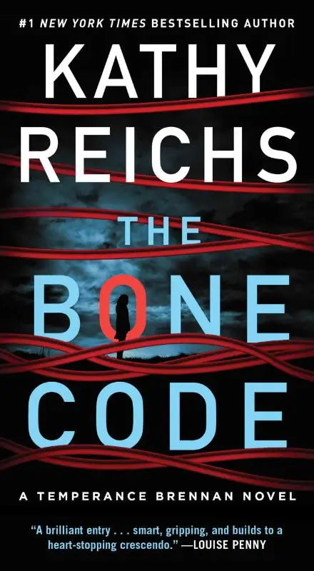 Het boek the bone code van kathy reichs toont witte en lichtblauwe letters op een donkere stormachtige achtergrond met rode kabels in deze temperance brennan novel