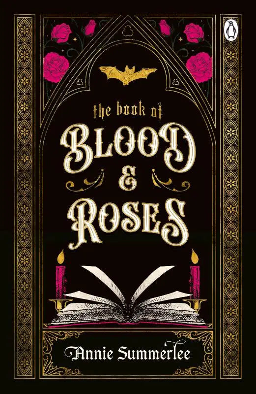 The book of blood and roses by annie summerlee is a gothic hardcover with black gold design pink roses and golden bat
