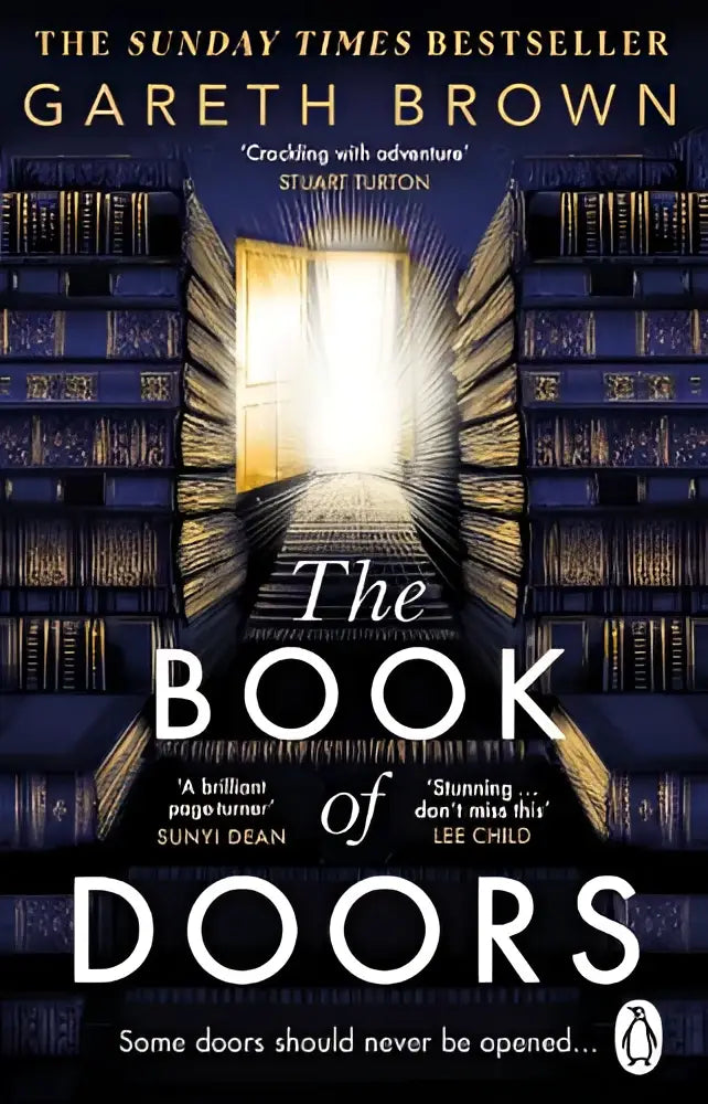 The book of doors by gareth brown is a dark blue paperback featuring a glowing doorway and towering bookshelves