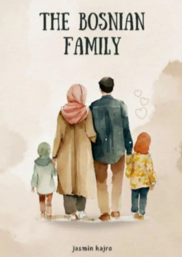 De bosnian family boekomslag toont een aquarelillustratie van vier figuren, waaronder een vrouw met een roze hijab en beige jas