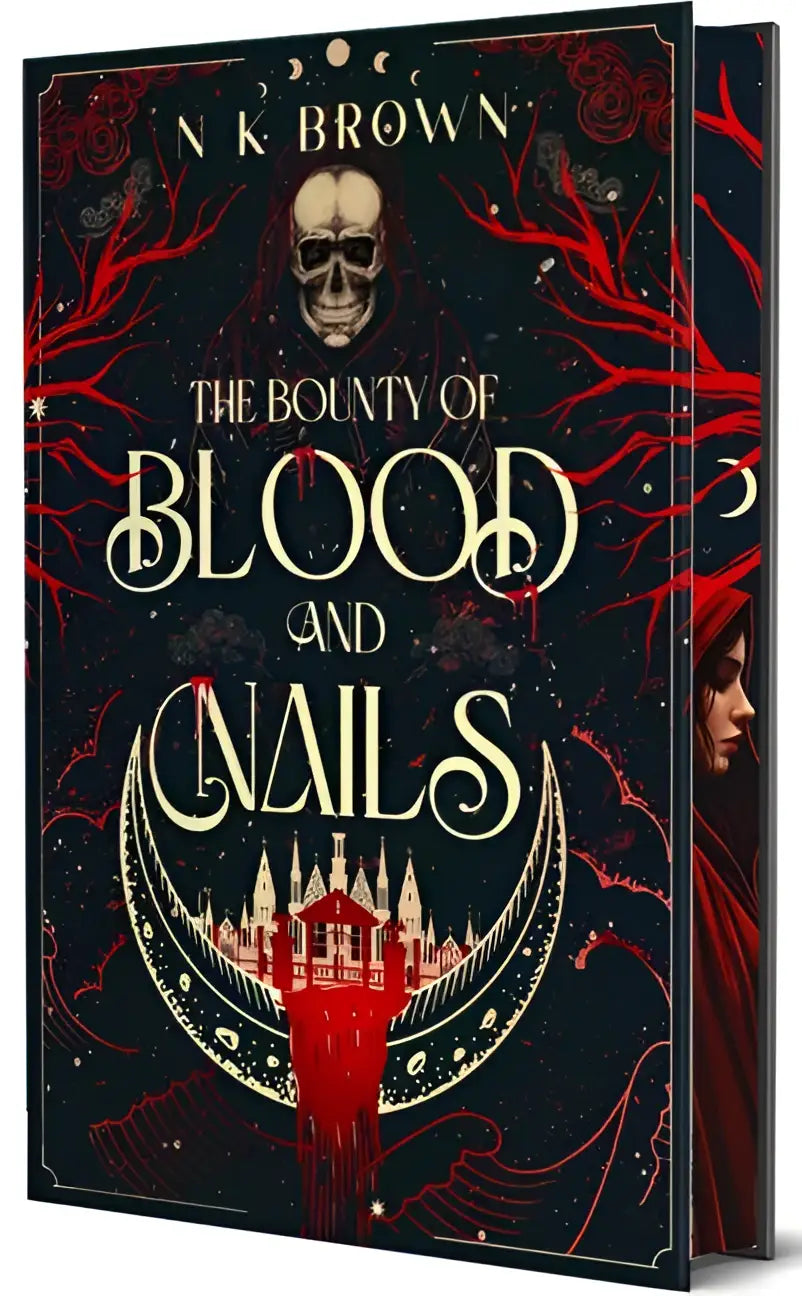Donkere hardcover deluxe limited edition van the bounty met rode en gouden illustraties en een skeletfiguur boven blood and nails