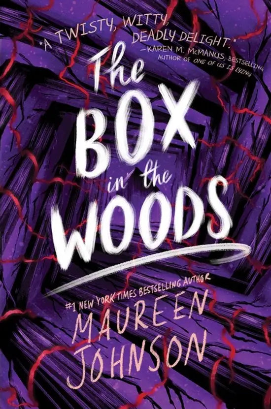 The box in the woods paperback by Maureen Johnson with a dark purple cover featuring tree branches and red lines, Stevie Bell in Truly Devious series