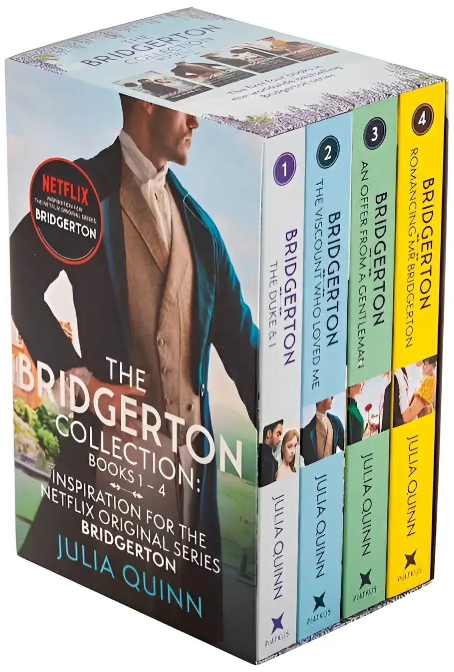 The bridgerton collection box set with four books featuring colorful spines and a man in period attire on the cover