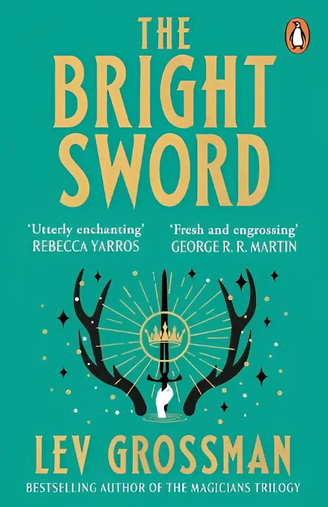 The bright sword is a teal hardcover book with gold lettering and antlers framing a sword illustration