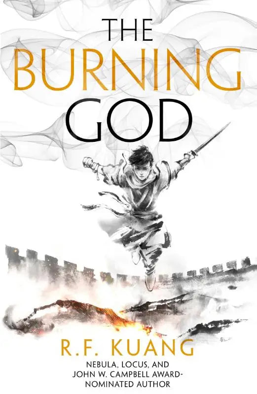 The burning god boekcover met een dynamische zwart-wit inktschildering van jonge krijger met zwaard in vurig decor