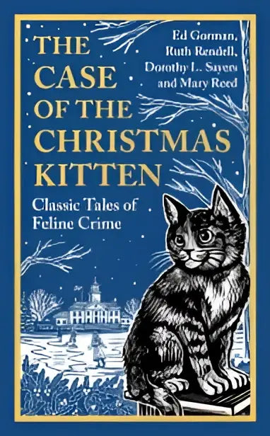 Boekcover van the case of the christmas kitten met zwart-witte kittenillustratie en sneeuwvlokpatroon op blauwe achtergrond