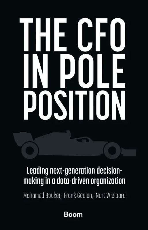 Zwarte boekomslag met witte tekst the cfo in pole position en grijze raceauto, gericht op leading next-generation decision-making