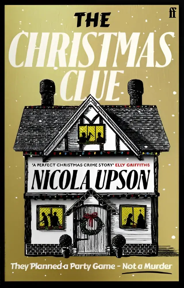 The christmas clue boekomslag met zwart-wit illustratie van huis, rode kerstkrans en geel verlichte ramen met silhouetten