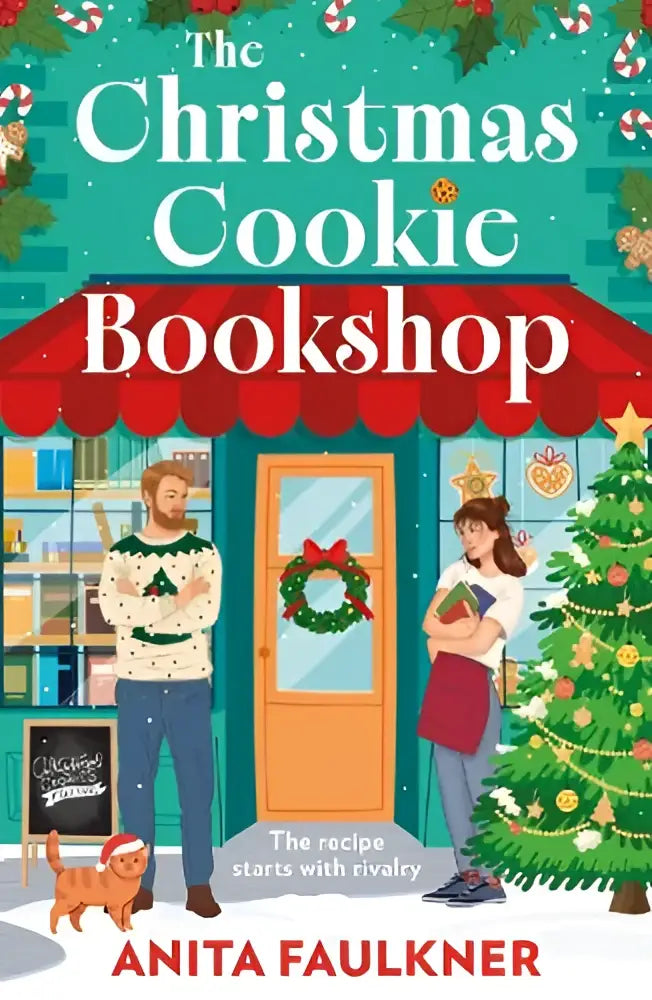 The christmas cookie bookshop boekomslag met twee personages in feestelijke truien bij een versierde winkel