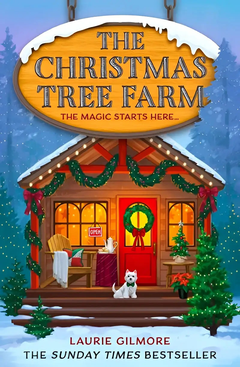 The christmas tree farm book cover shows a warm wooden sign with metallic lettering above a cozy log cabin decorated for christmas tree farm
