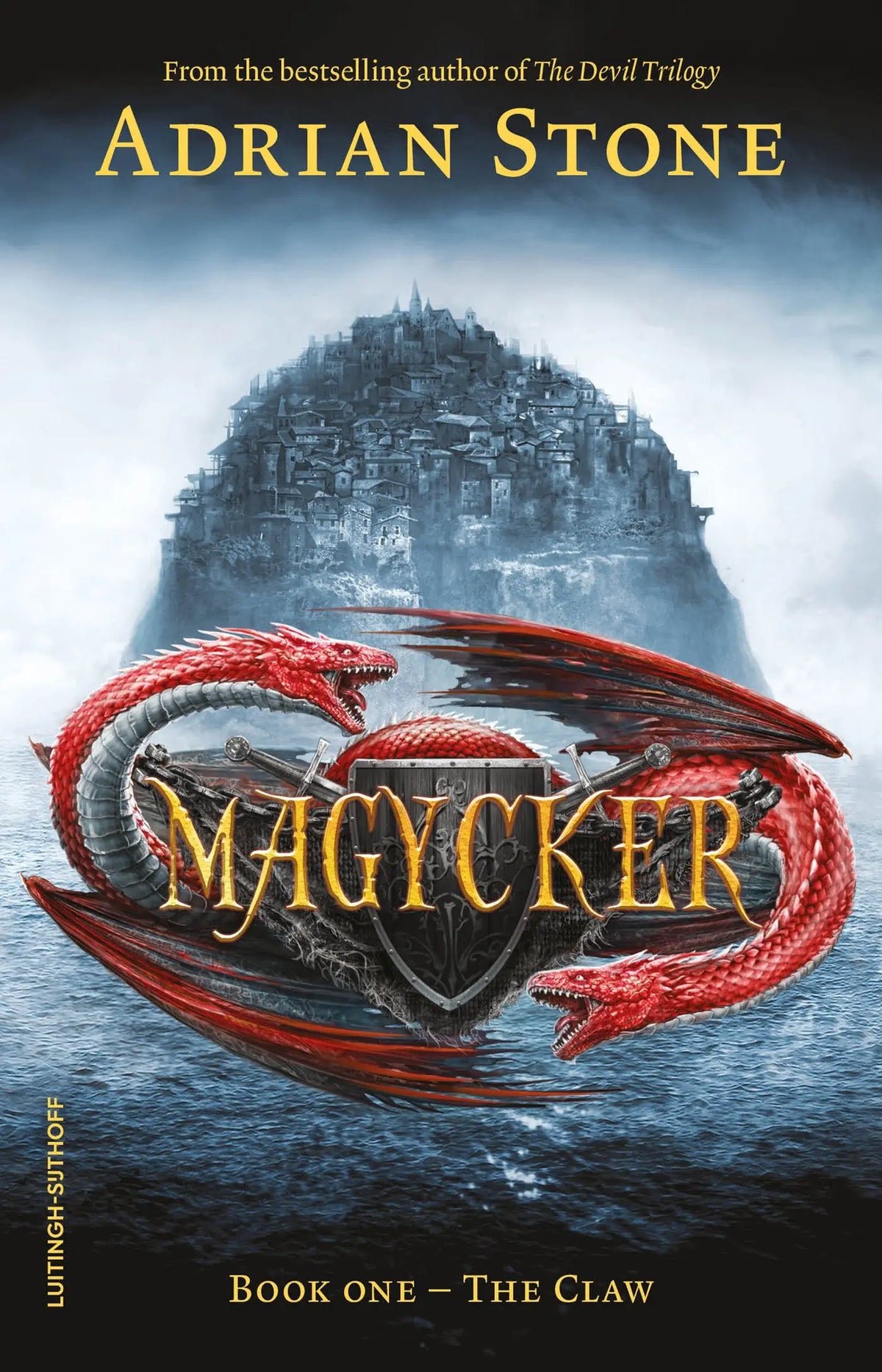 Rode draak fantasy boekcover van the claw met de titel magycker door adrian stone uitgegeven door luitingh sijthoff