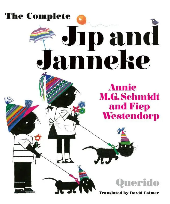 De complete jip en janneke boekcover met zwarte silhouetten van kinderen in kleurrijke gestreepte hoeden met bloemen en katten aan lijntjes