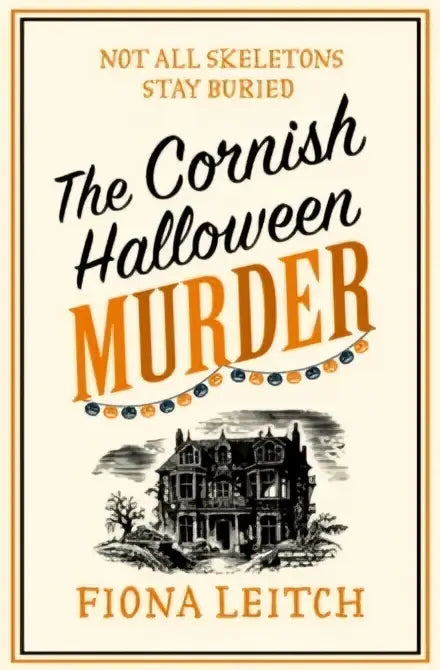 The cornish halloween murder boekomslag toont een zwart-witte illustratie van een gotisch huis op een crèmewitte achtergrond