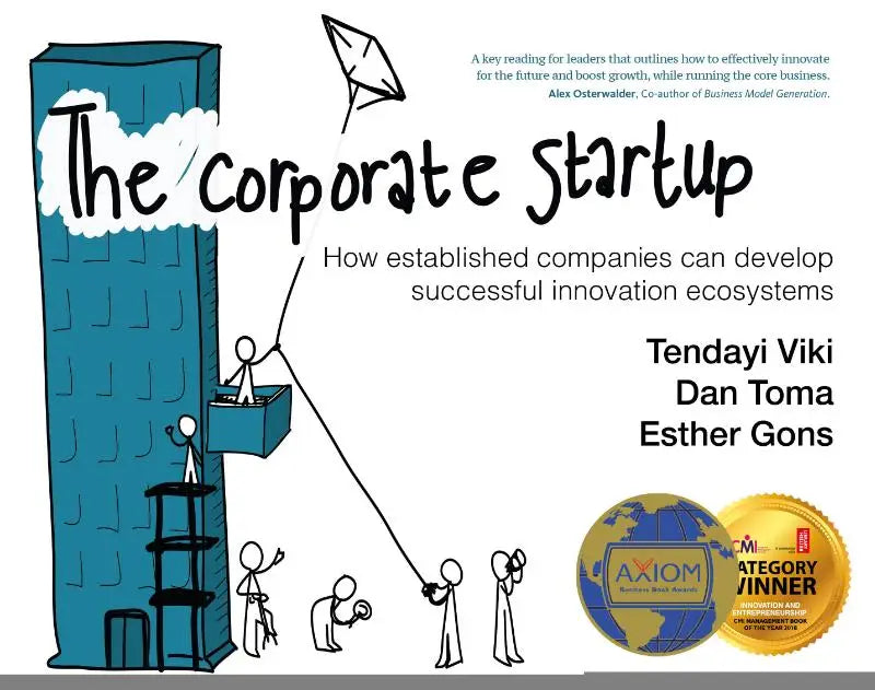 The corporate startup book cover features a blue skyscraper illustrating how established companies can develop innovation ecosystems