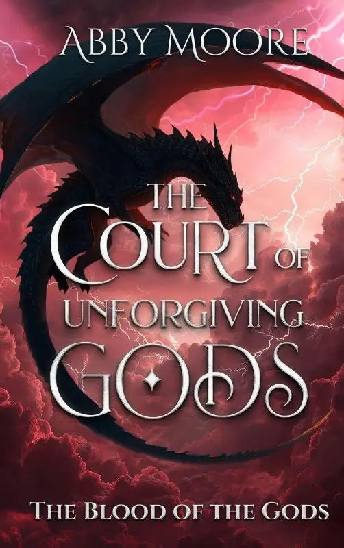 De cover van the court of unforgiving gods door abby moore toont een zwarte draak tegen roze en rode stormwolken met bliksem