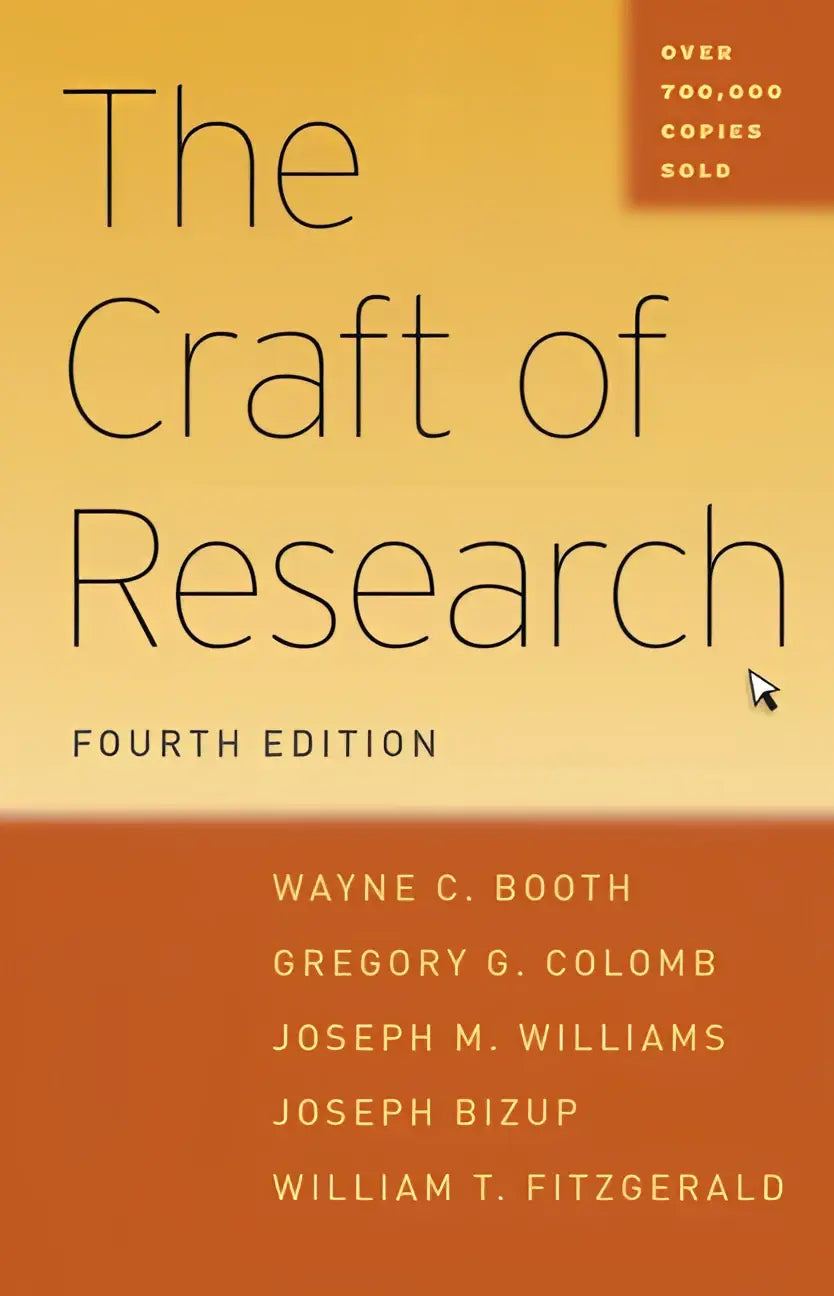 The craft of research fourth edition book cover with bold black text on a yellow to orange gradient background for the university