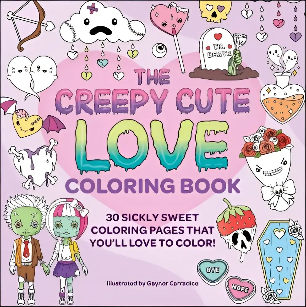 De cover van the creepy cute love coloring book toont een levendige roze achtergrond met speelse skelet en hart illustraties
