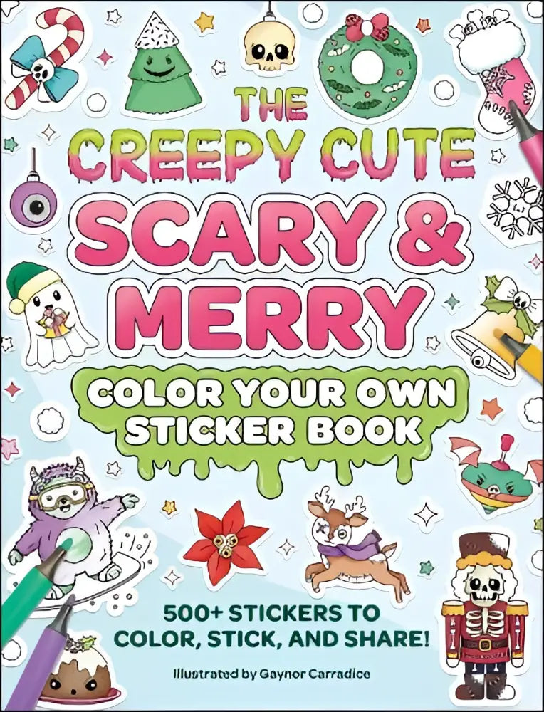 A colorful sticker book titled the creepy cute scary en merry with holiday-themed creepy cute ghost and reindeer stickers