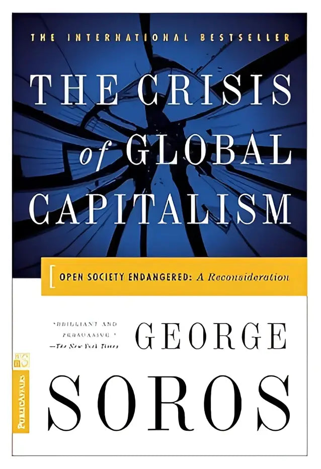 De boekomslag met blauwe achtergrond toont de titel the crisis of global capitalism van george soros met een gebarsten glas ontwerp