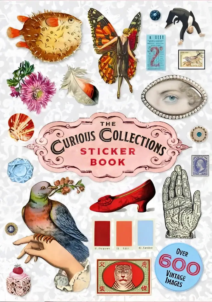 De curious collections sticker book bevat vintage-stijl stickers met levendige kleuren en gedetailleerde ontwerpen