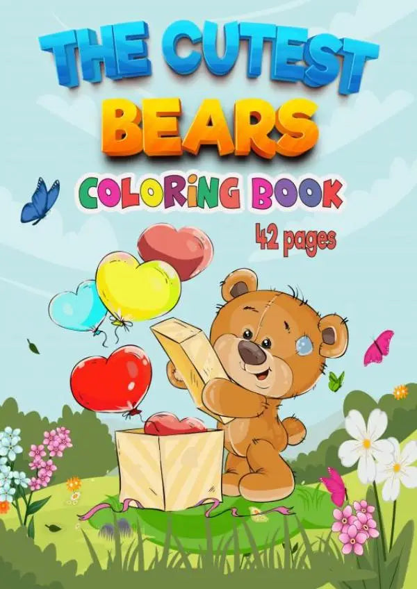 Een vrolijke bruine teddybeer met een kleurboek voor kinderen en kleurrijke ballonnen in de achtergrond