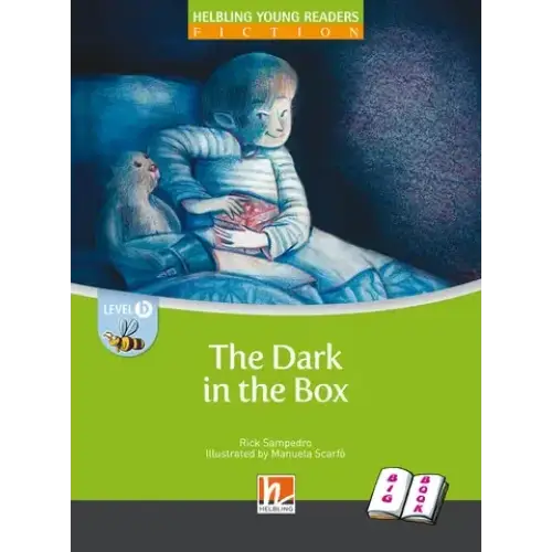 Groot prentenboek De duisternis in de doos met kind en dier in blauwe gloed