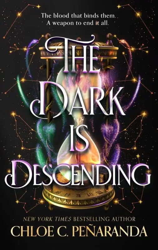 De boekcover van the dark is descending toont een gloeiend uurwerk met paarse en gouden tinten voor de thrilling conclusion