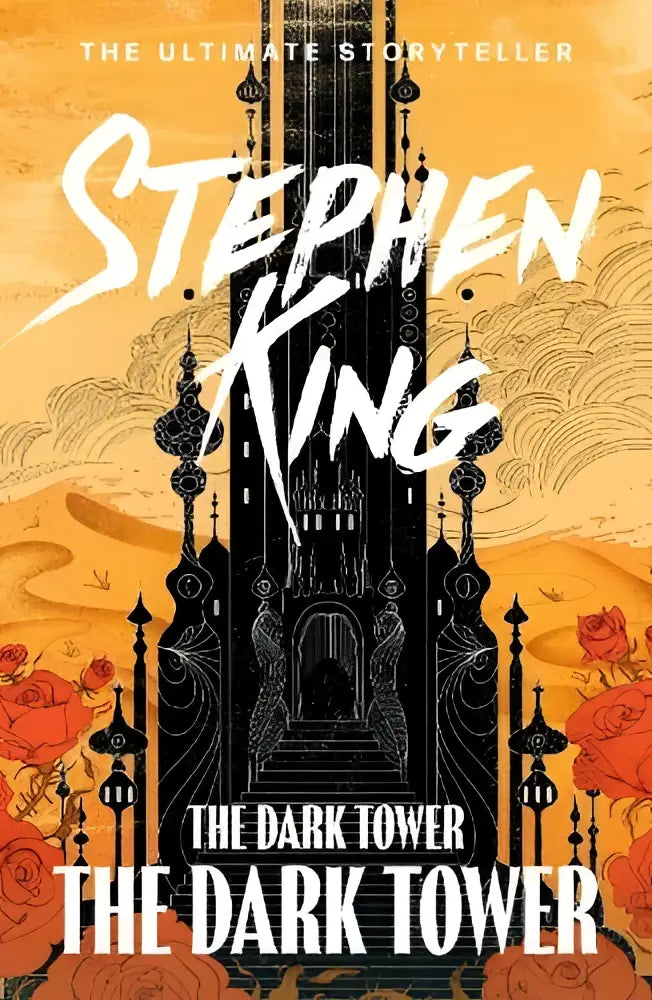 Boekcover van the dark tower vii volume 7 met een zwarte gotische toren en rode rozen tegen een oranje lucht