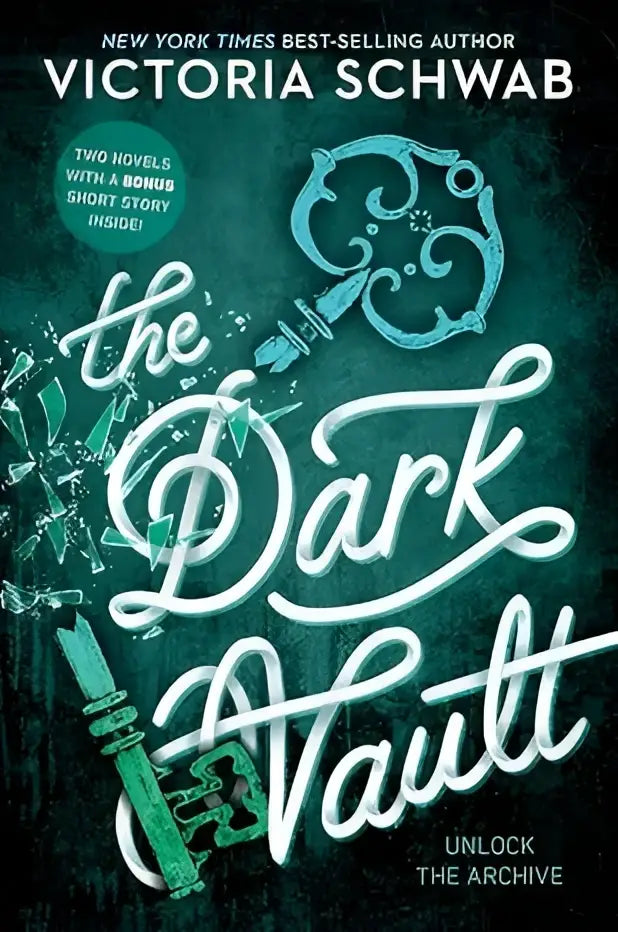 Het boek the dark vault unlock the archive heeft een teal en wit omslag met sierlijke sleutels op een donkergroene achtergrond