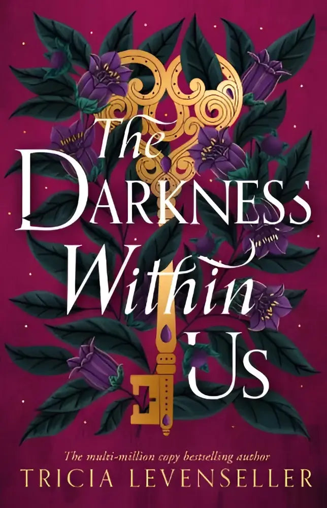 De boekcover van the darkness within toont een gouden ornate sleutel omringd door donkergroene bladeren en paarse bloemen