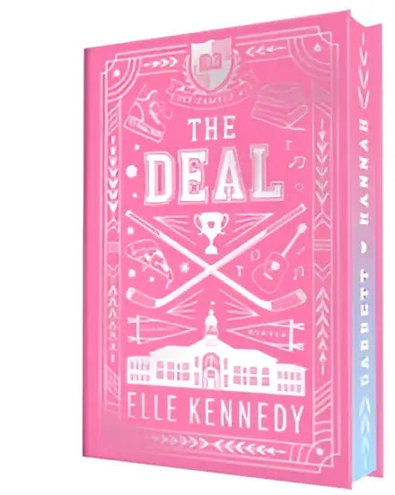 Roze hardcover boek met witte geperste letters the deal van elle kennedy collector’s edition off-campus collector’s edition