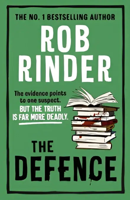 Green book cover of the defence by rob rinder featuring an illustration of a white stack of books signed edition