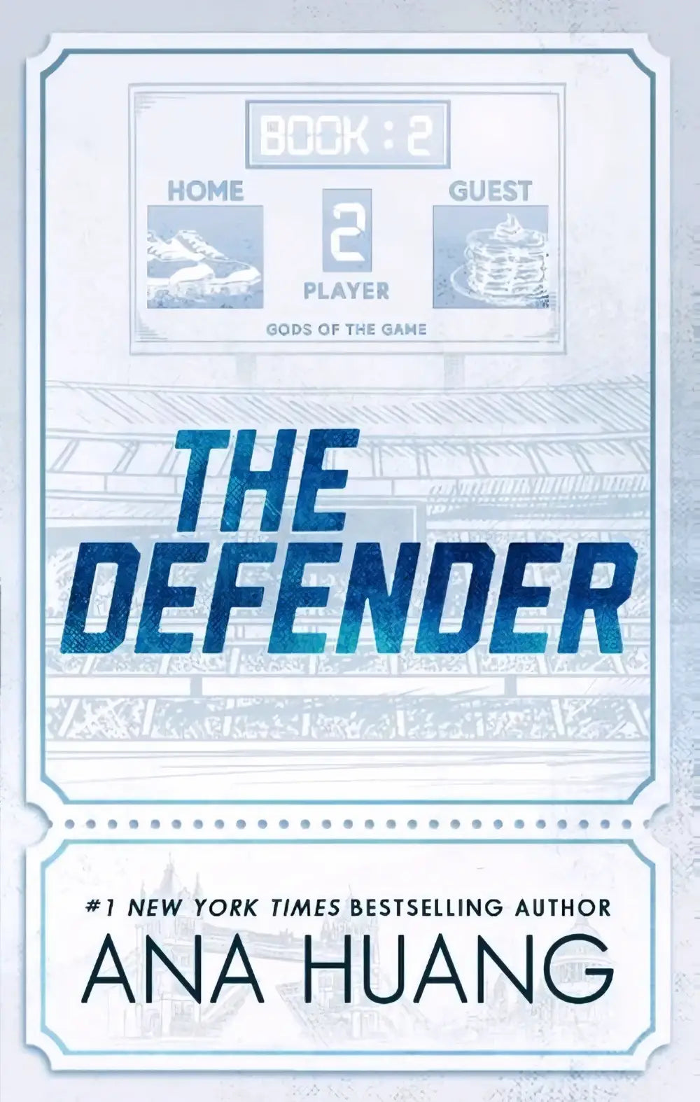 Blue textured title the defender on light blue and white book cover with retro sports game design for ana huang forbidden romance