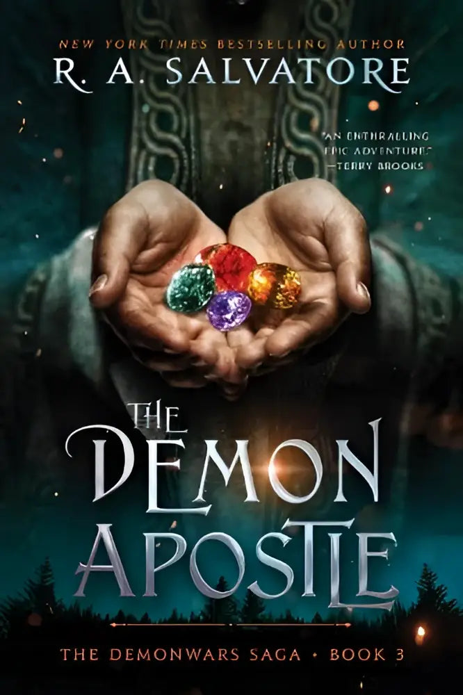 The demon apostle book cover from the demonwars saga shows hands holding five glowing gemstones in a dark forest